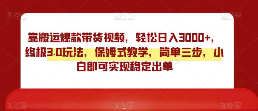 靠搬运爆款带货视频，轻松日入3000+，终极3.0玩法，保姆式教学，简单三步，小白即可实现稳定出单【揭秘】-云笙网创